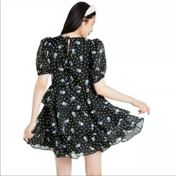 Sandy Liang For Target Dress Small Floral Short Puff Sleeve Tiered Polka Dot New - Picture 13 of 17